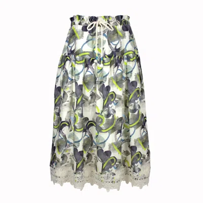 Lalipop Design Women's Linen Tiered Drawstring Skirt With Trims Of Lace Appliques In Multi