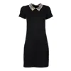 Lalipop Design Women's Mini Black Knitted Dress With Faux Crystal Embellished Leopard Print Collar In Black