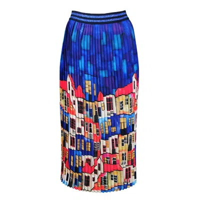 Lalipop Design Women's Multi-color Pleated Maxi Skirt With House Pattern In White