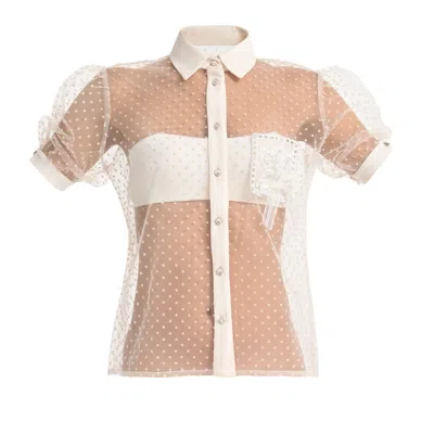 Lalipop Design Women's Neutrals Sheer Polka Dot Shirt With Floral Appliqué In Brown