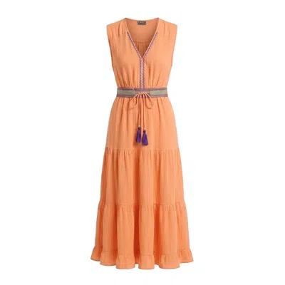 Lalipop Design Women's Orange Terracotta Muslin Sleeveless Belted Midi Dress