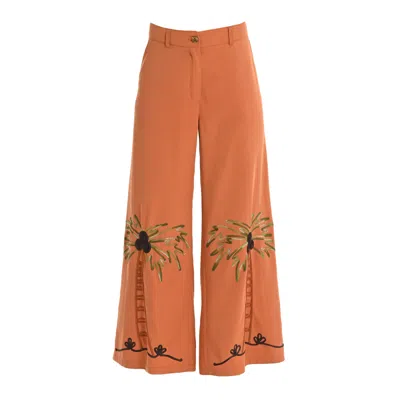 Lalipop Design Women's Palm Embroidered Tencel Blend Pants In Orange