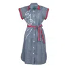 Lalipop Design Women's Blue Pinstripe Cotton Shirtdress With Face Embroidery In Red