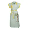 Lalipop Design Women's Green Pinstripe Cotton Shirtdress With Sun & Palm Tree Embroidery In Yellow