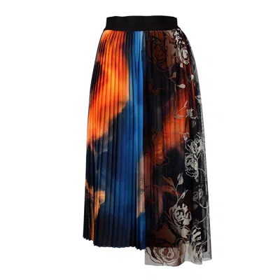 Lalipop Design Women's Pleated Midi Skirt With Asymmetric Floral Flock Tulle Overlay In Brown