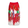Lalipop Design Women's Pleated White Midi Skirt With Red Leaves Print In White