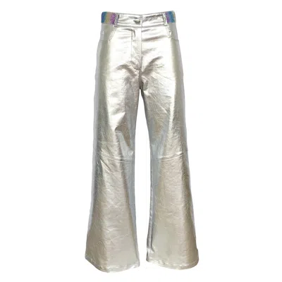 Lalipop Design Women's Silver Metallic Finish Cotton-blend Wide-leg Pants