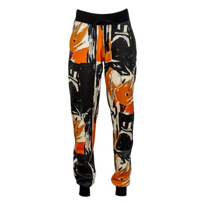 Lalipop Design Women's Track Pants With Abstract Print Front & Black Vegan Leather