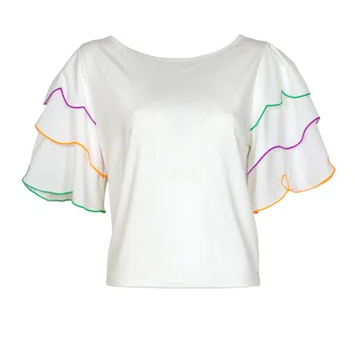 Lalipop Design Women's White Blouse With Laser-cut Colorful Embroidered Sleeves