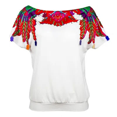 Lalipop Design Women's White Blouse With Laser-cut Red Leaves Print On The Neck In Red/white