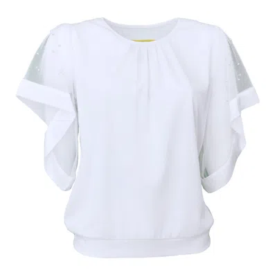 Lalipop Design Women's White Butterfly Tulle Sleeves With Faux Pearl Blouse