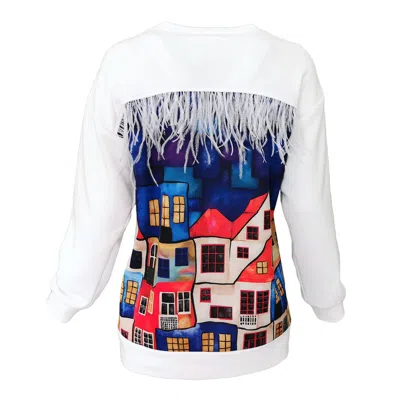 Lalipop Design Women's White Cotton Sweatshirt With House Pattern Print On The Back