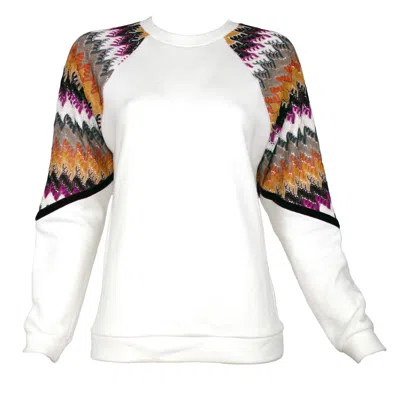 Lalipop Design Women's White Multi Color Pointelle-knit Garnished Sweatshirt
