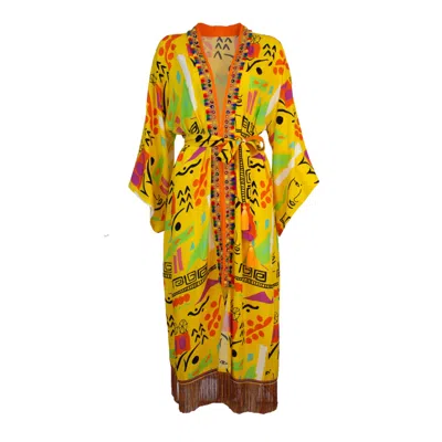 Lalipop Design Women's Yellow Viscose Kimono With Embroidery Border In Multi