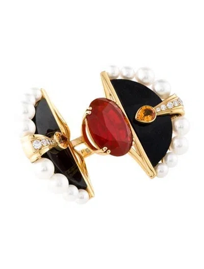 Pre-owned Lalique 18k 7.31ct Fire Opal, Sapphire, Pearls, Jade & Diamond L'oiseau De Feu Cocktail Ring In Multi