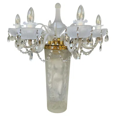 Pre-owned Lalique 1970s  Style Crystal And Brass Bacchante Figurative Chandelier Table Lamp In Transparent