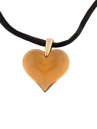 Pre-owned Lalique Carved Glass Heart & Cord Pendant Necklace, 19" In Yellow