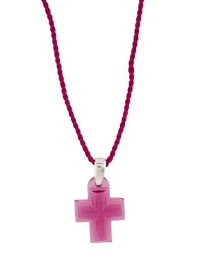 Pre-owned Lalique Cross Pendant Necklace, 34" In Burgundy