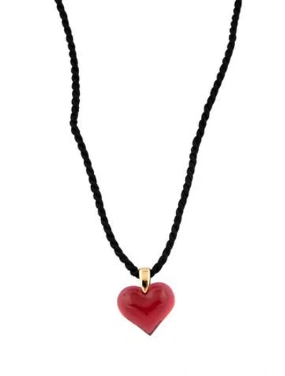 Pre-owned Lalique Crystal & Cord Heart Amoureuse Beaucoup Pendant Necklace, 33.5" In Red