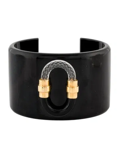 Pre-owned Lalique Crystal & Resin Cuff Bracelet, 6.75" In Black/clear/gold