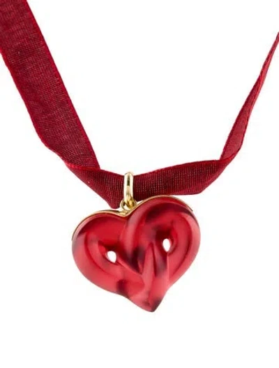 Pre-owned Lalique Crystal & Ribbon Entwined Coeur Heart Pendant Necklace, 35" In Red
