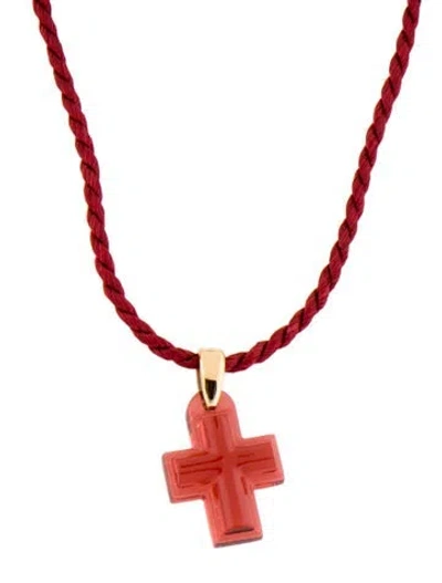 Pre-owned Lalique Crystal Cross Pendant Necklace, 33" In Red