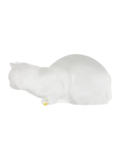 Pre-owned Lalique Crystal Crouching Cat Figurine In Transparent