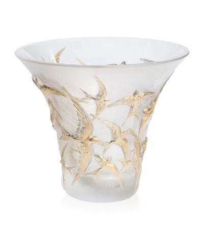 Lalique Crystal Hirondelles Swallow Stamped Vase In Transparent