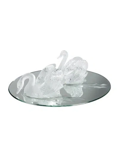 Pre-owned Lalique Crystal Two Swans And Mirror Set In Transparent