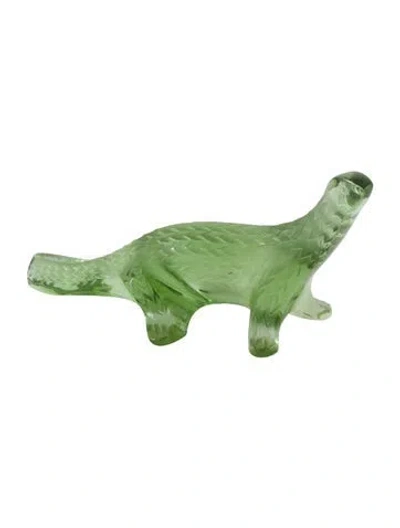 Pre-owned Lalique Frosted Crystal Lizard Figurine In Green