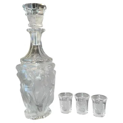 Pre-owned Lalique Frosted Glass Decanter With Three Shot Glasses, France, 1930's. In Gray