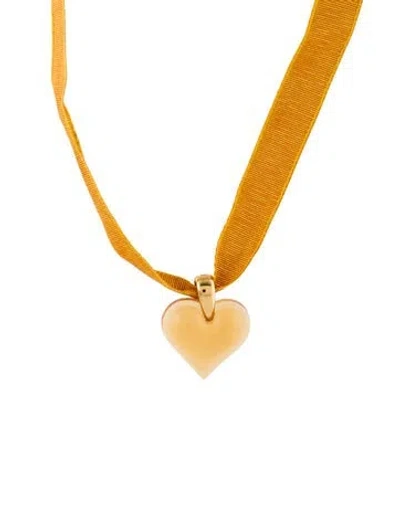 Pre-owned Lalique Glass & Ribbon Heart Pendant Necklace, 36.25" In Yellow