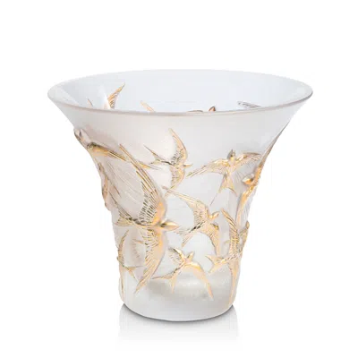 Lalique Crystal Hirondelles Swallow Stamped Vase In Gold