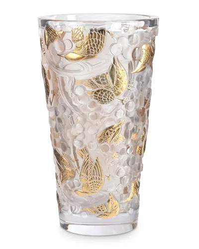 Lalique Large Gold Stamped Merles & Raisins Vase In Clear Gold