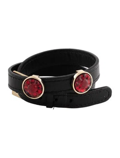 Pre-owned Lalique Leather & Crystal Double Wrap Bracelet, 6" In Multicolor