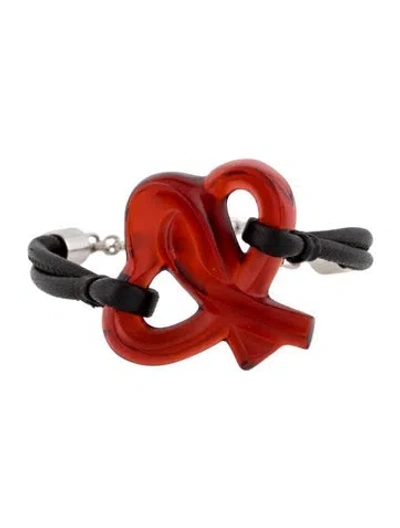 Pre-owned Lalique Leather & Glass Knot Charm Bracelet In Red