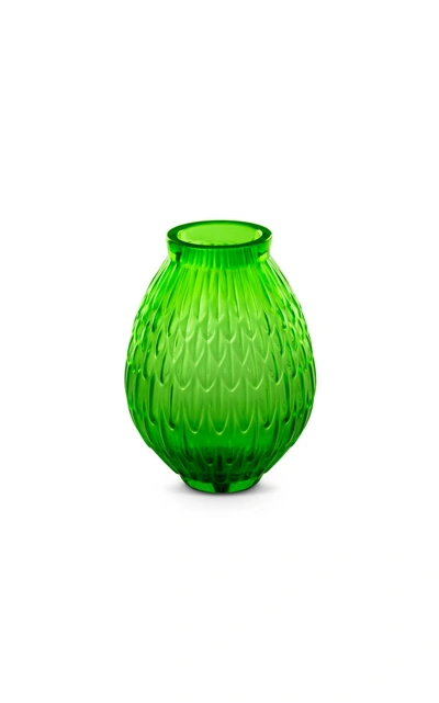 Lalique Plumes Small Crystal Vase In Green