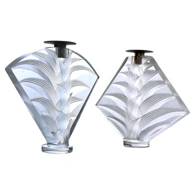 Pre-owned Lalique Ravelana Candle Holders In Gray