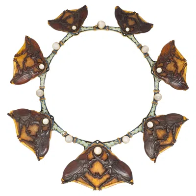 Pre-owned Lalique Rene  Moonstone Horn Enamel 18k Yellow Gold Antique Stag Beetle Necklace