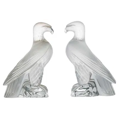 Pre-owned Lalique Set Of 2  Signed Frosted Crystal Liberty Eagle Sculptures, France In Gray