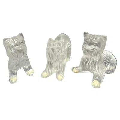 Pre-owned Lalique Set Of Three Signed  France Frosted Glass Yorkshire Terrier Figurines In Gray