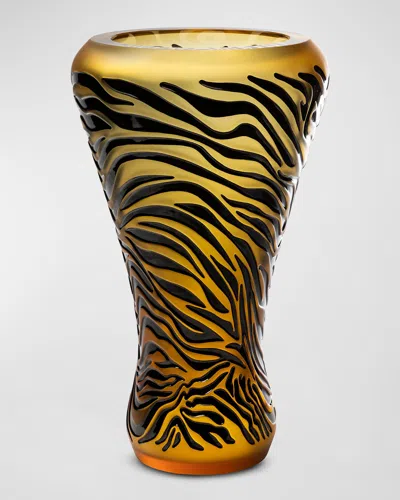 Lalique Tiger 18" Vase, Amber/black Enamel In Gold