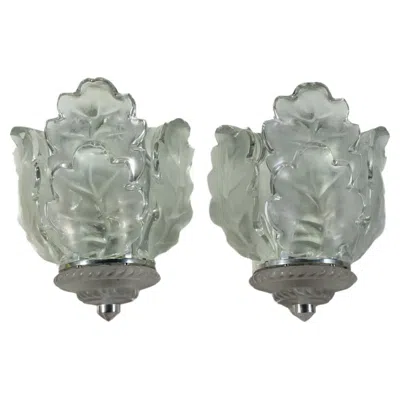 Pre-owned Lalique Wall Sconces Model "chene" In Transparent