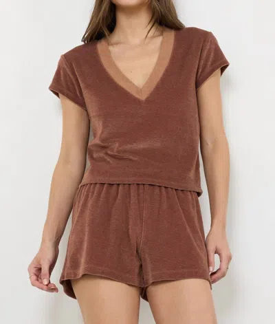 Lamade Suri Deep V-neck Cap Sleeve Velour Tee In Honey In Brown