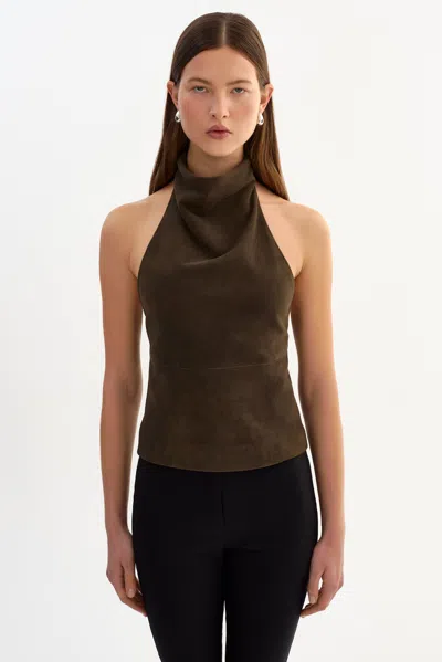 Lamarque Alva Halterneck Suede Top In Brown