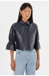 Lamarque Carolina | Leather Ruffle Sleeve Jacket In Blue
