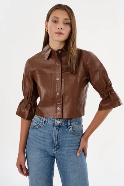 Lamarque Carolina Ruffle Sleeve Leather Jacket In Brown