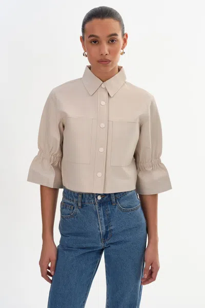 Lamarque Carolina Ruffle Sleeve Leather Jacket In Neutral