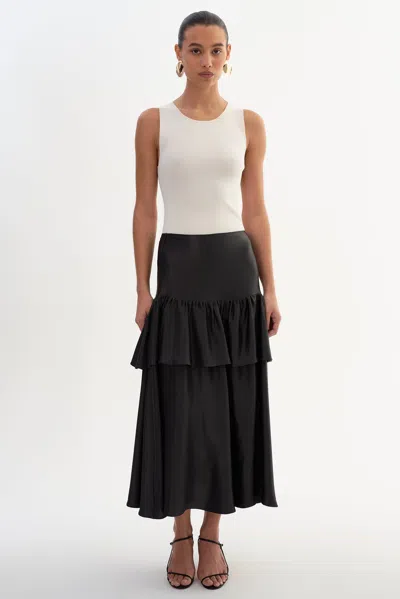 Lamarque Chalina Ruffle Satin Midi Skirt In Black