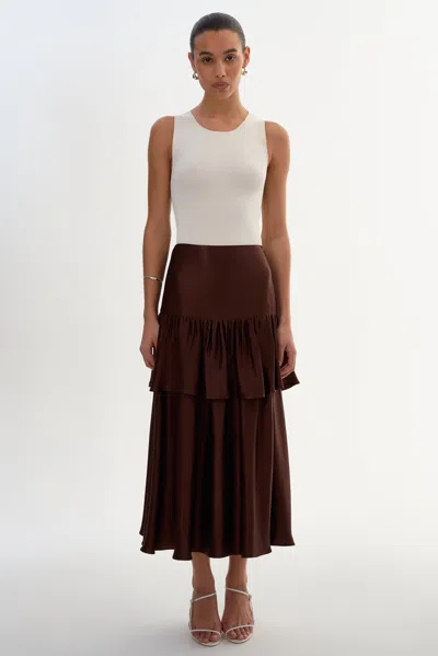 Lamarque Chalina Ruffle Satin Midi Skirt In Brown